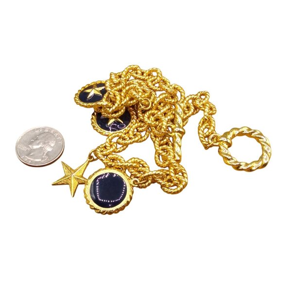 Textured Links Bib Necklace with Dangling Star Charms, Gold Tone and Navy Blue - Picture 4 of 5
